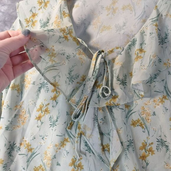 Vintage Floral Ruffle Blouse Mint Yellow Ditsy Print Tie‎ Neck Flare Sleeve - Picture 5 of 9